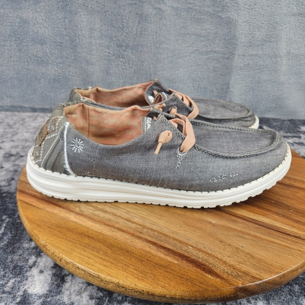 Hey Dude Wendy Shoes Womens Size 9 Boho Grey White Casual Slip On Loafers Aztec